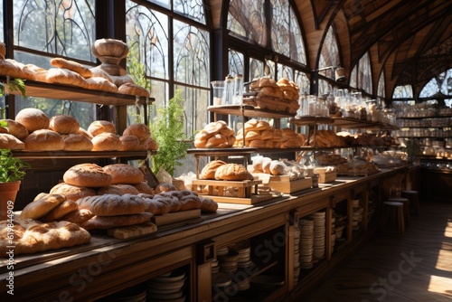 Old city bakery in the morning. A large assortment of bakery products is presented on the shelves of the bakery. Generative AI
