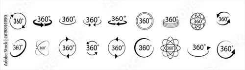 360 degrees vector icon set. Round signs with arrows rotation to 360 degrees. Rotate symbol isolated on transparent background. Vector illustration.