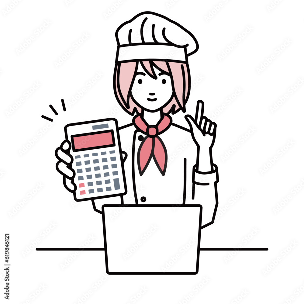 a woman cook recommending, proposing, showing estimates and pointing a calculator with a smile in front of laptop pc a woman cook recommending, proposing, showing estimates and pointing a calculator with a smile in front of laptop pc
