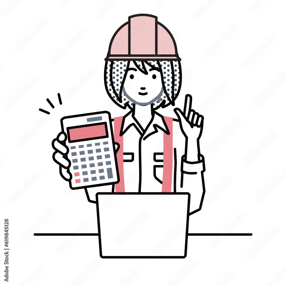a woman working at construction sites recommending, proposing, showing estimates and pointing a calculator with a smile in front of laptop pc