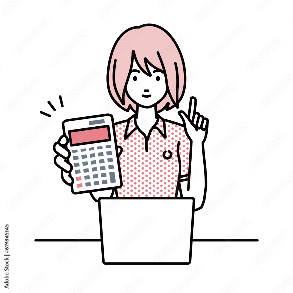 a woman in polo shirt recommending, proposing, showing estimates and pointing a calculator with a smile in front of laptop pc a woman in polo shirt recommending, proposing, showing estimates and pointing a calculator with a smile in front of laptop pc