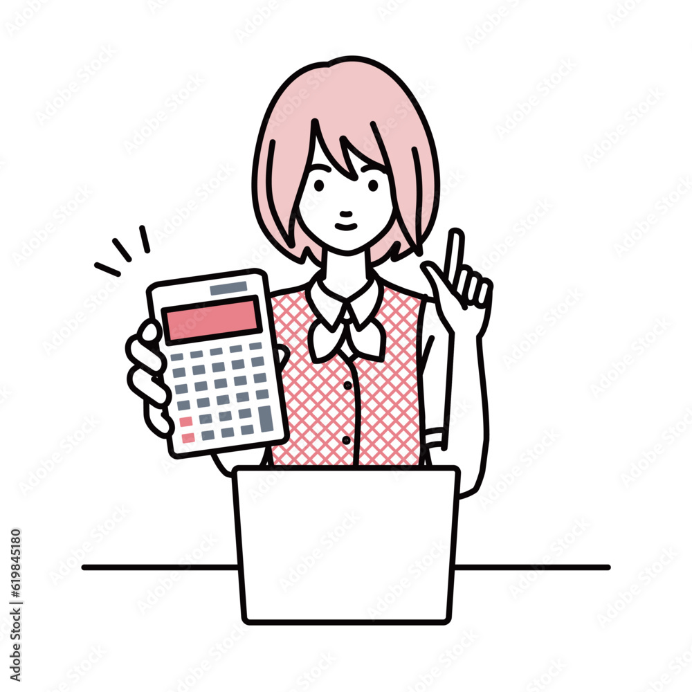 a woman in clerical uniform recommending, proposing, showing estimates and pointing a calculator with a smile in front of laptop pc a woman in clerical uniform recommending, proposing, showing estimates and pointing a calculator with a smile in front of laptop pc
