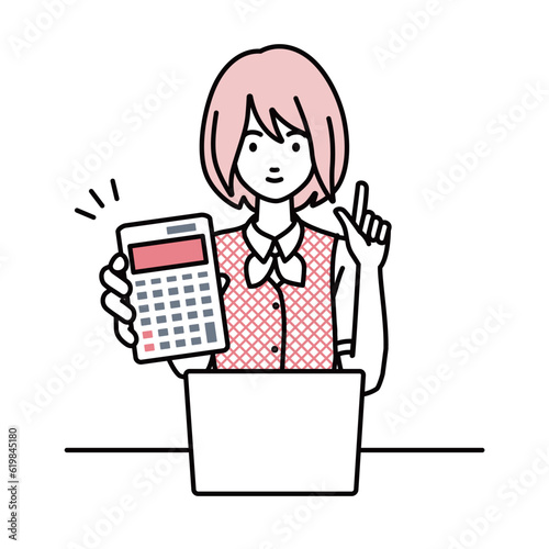 a woman in clerical uniform recommending, proposing, showing estimates and pointing a calculator with a smile in front of laptop pc