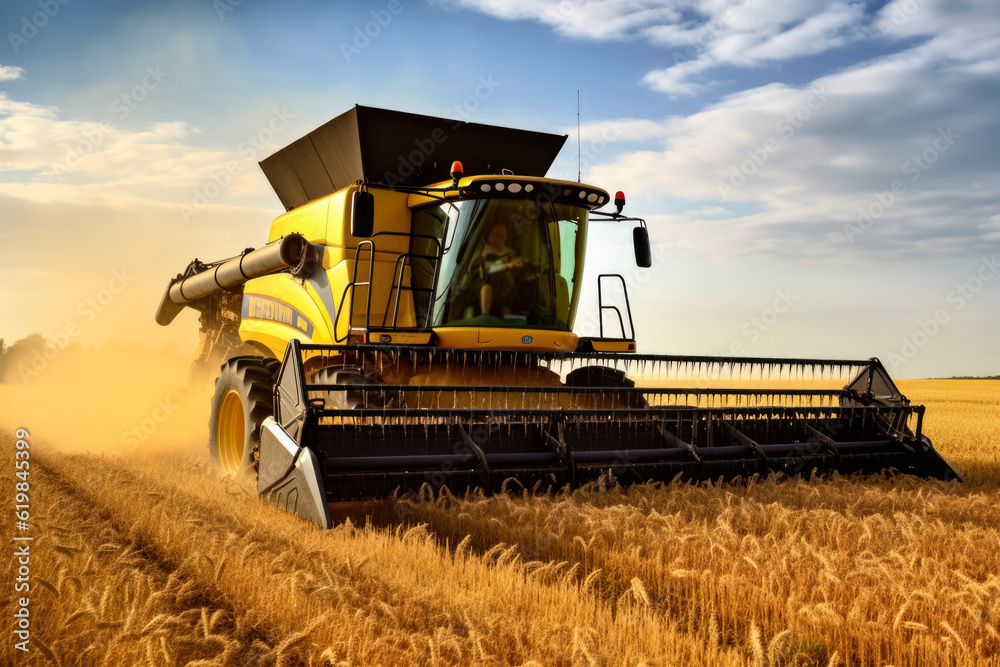 Naklejka premium Harvester combine working on a field in afternoon, front wide angle view, golden wheat field foreground - agriculture concept. Generative AI