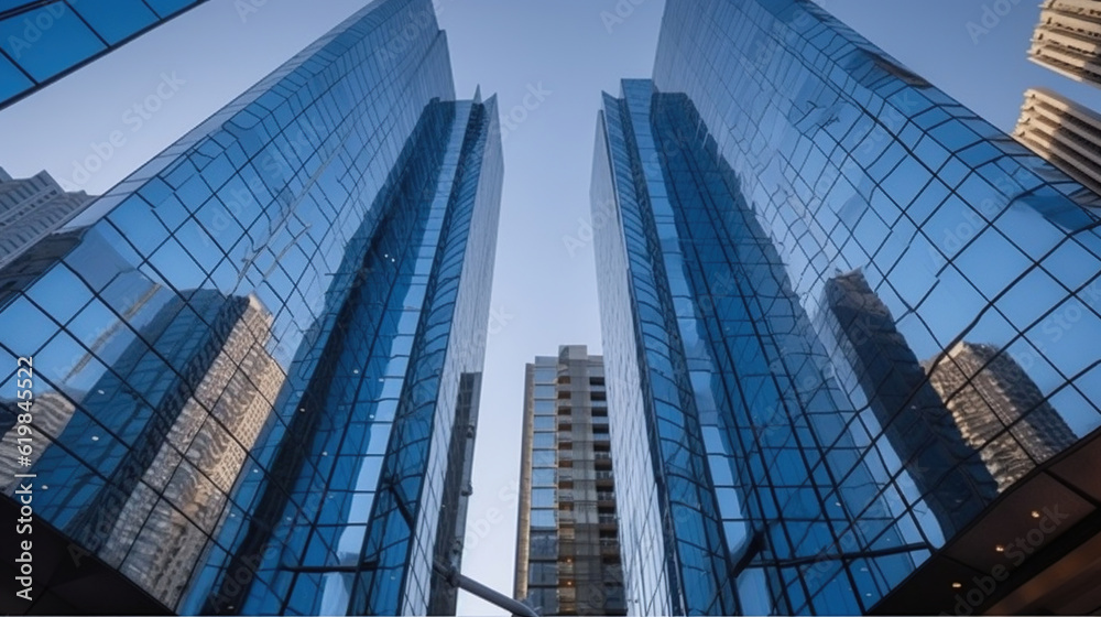 A Office building next to contemporary high rise structures with glass mirrored walls in city against cloudless blue sky. Generative AI