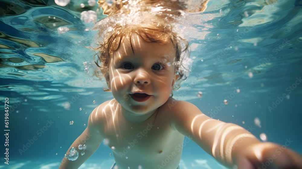 Baby swimming in the pool, under water photography, child activity in the water, taking selfie picture camera