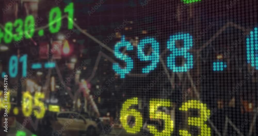 Animation of stock market data processing against view of night city traffic Animation of stock market data processing against view of night city traffic
