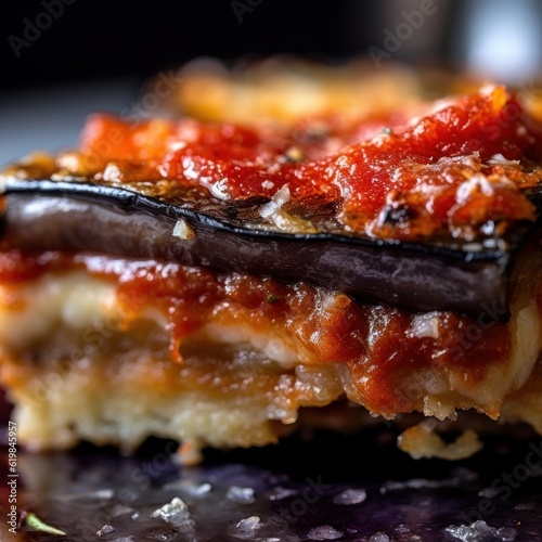slice of Melanzane alla Parmigiana, showcasing the layers of eggplant, mozzarella, and tomato sauce