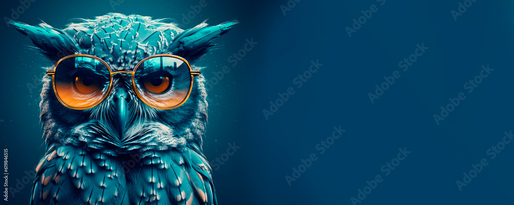 owl wearing sunglasses on a solid color background, vector art, digital art, faceted, minimal, abstract. Panorama background. Generative AI.