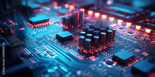 Closeup of a circuit board with resistors and electronic components with blue, orange and violet neon lights