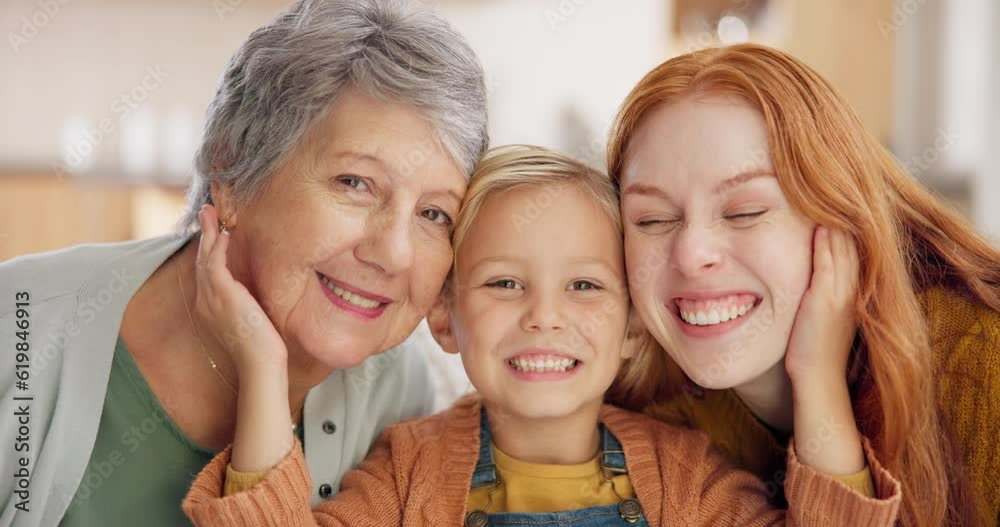 Generations, portrait of happy family and in living room of their home together for care. Support or bonding , happiness with grandmother and face of mother with girl smile for togetherness in house