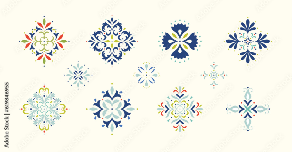 Oriental floral ornament. Damask graphic elements. Imperial rococo decor. For seamless patterns, wrapping paper, greeting and business cards, wedding invitations, textile, t-shirt prints etc.