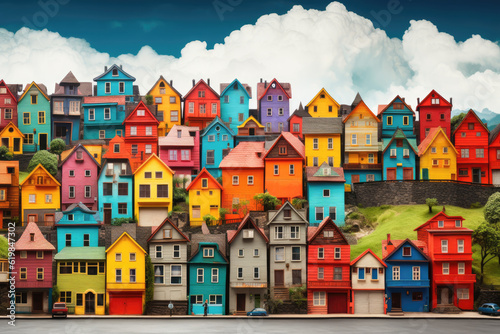 Picturesque village with houses of various unique colors