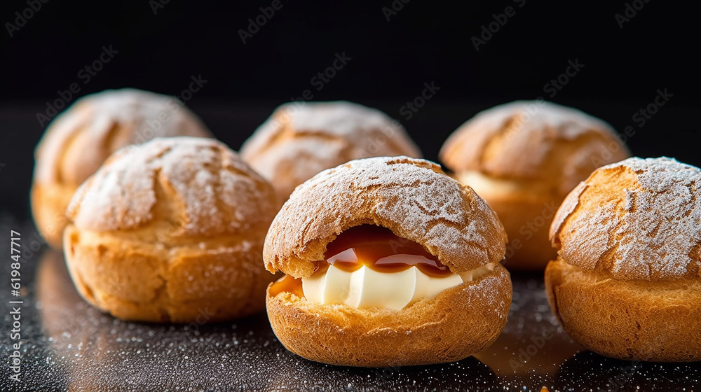 Generative AI image of Choux au Craquelin A delectable display of choux pastry puffs, their crackling sugar-coated shells encasing a luscious cream filling. Pure culinary temptation awaits.