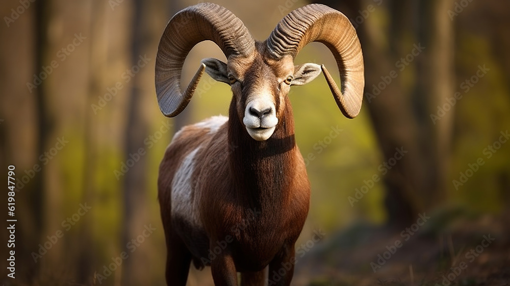 Portrait of a Mouflon, Ovis orientalis, in its Natural Forest Habitat, Showcasing Impressive Horns, Generative AI Portrait of a Mouflon, Ovis orientalis, in its Natural Forest Habitat, Showcasing Impressive Horns, Generative AI