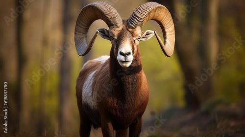 Portrait of a Mouflon, Ovis orientalis, in its Natural Forest Habitat, Showcasing Impressive Horns, Generative AI