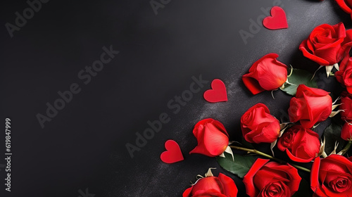 Valentines day border with hearts, gift, red roses on black background with copy space. View from above