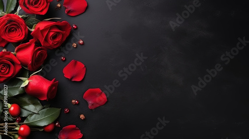 Valentines day border with hearts, gift, red roses on black background with copy space. View from above © Absent Satu