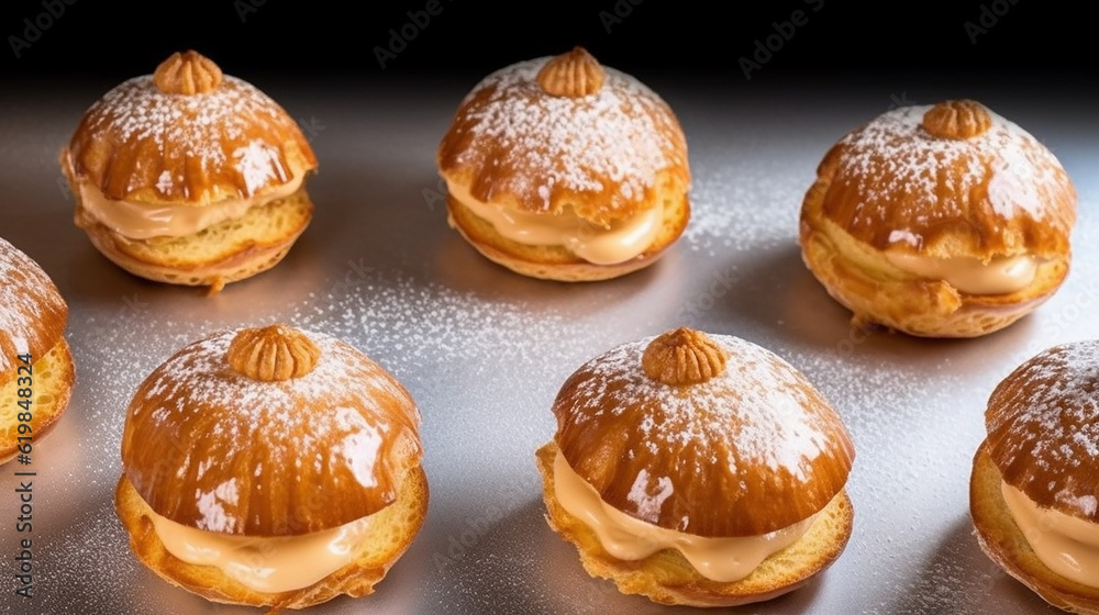 Generative AI image of Choux au Craquelin A delectable display of choux pastry puffs, their crackling sugar-coated shells encasing a luscious cream filling. Pure culinary temptation awaits. Generative AI image of Choux au Craquelin A delectable display of choux pastry puffs, their crackling sugar-coated shells encasing a luscious cream filling. Pure culinary temptation awaits.