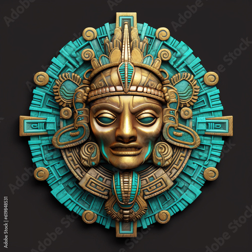 A gold Inca Mayan Aztec god head metal emblem. 3D style artifact metal badge. Coat of arms Inca god head. Inca god head metal insignia. Mayan badge. Ancient Medallion. Apu God