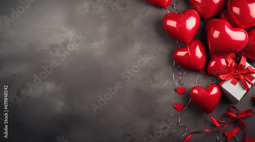 Valentines day border with hearts, gift, red roses on black background with copy space. View from above © Absent Satu