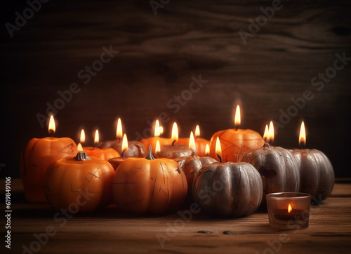 Halloween orange smiling pumpkins  burning wax candles on a dark wooden background  a place for text  Generative AI  generative artificial intelligence