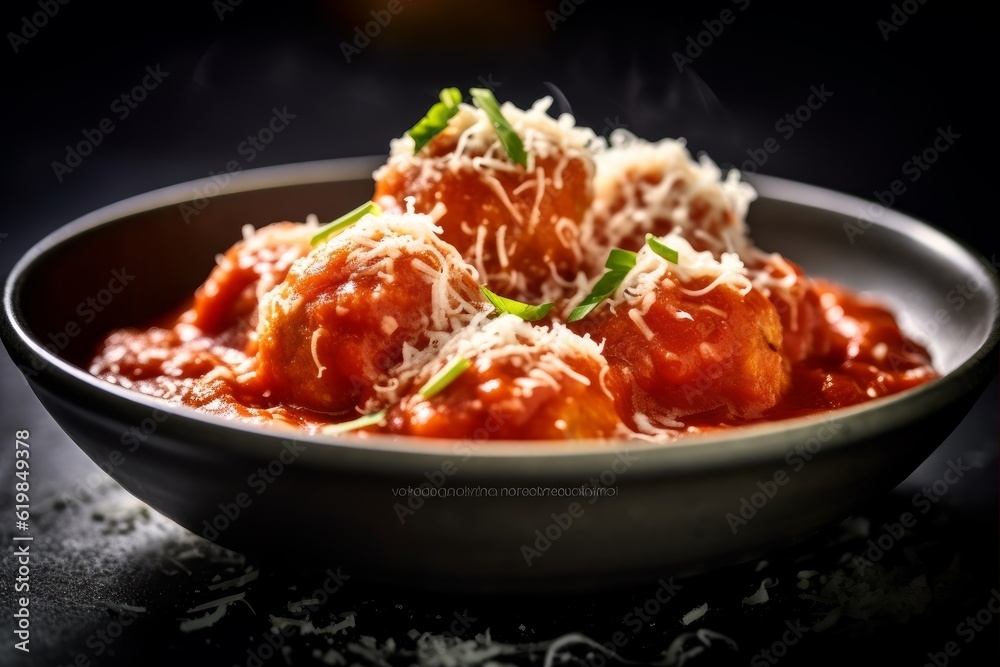 Polpette al Sugo served in a bowl with tomato sauce and grated parmesan cheese Polpette al Sugo served in a bowl with tomato sauce and grated parmesan cheese