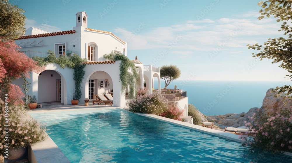 Traditional mediterranean shabby chic white house with pool on hill with stunning sea view. Summer vacation background.