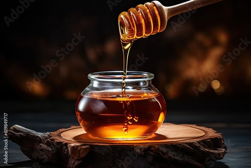 Honey jar with wooden honey dipper on wooden table. Generative AI
