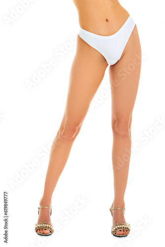 Beautiful slim body of woman in white underwear, long female legs, skin care concept, isolated 
