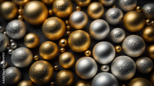 Background image of gold and silver Christmas balls of various sizes in a landscape orientation. AI generated.