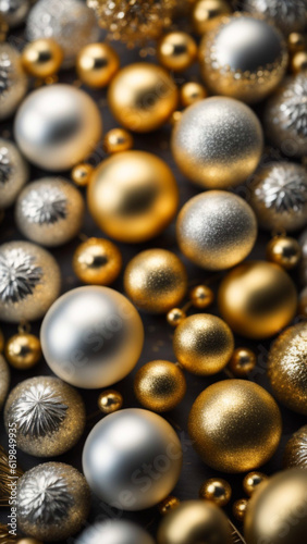 Background image of gold and silver Christmas balls of various sizes in a portrait orientation. AI generated.