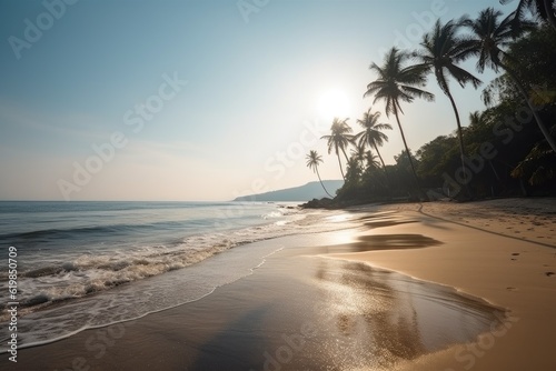 Illustration of a beautiful beach shore with waves and palm trees at sunset.