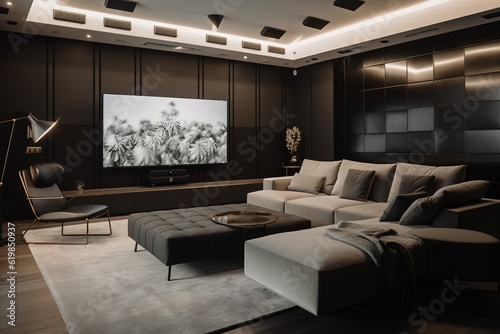 A modern and sleek home theater with plush seating  a big screen TV  and a surround sound system. generative AI