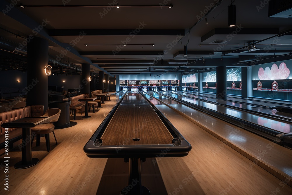 The bowling ball is ready to strike. Modern bowling room waiting for visitors, balls on bowling alley The bowling ball is ready to strike. Modern bowling room waiting for visitors, balls on bowling alley