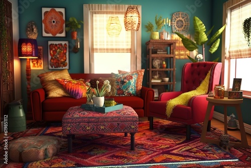 A bohemian-inspired living room with a mix of vintage furniture, a macrame wall hanging, floor cushions, and a Persian rug Generative AI