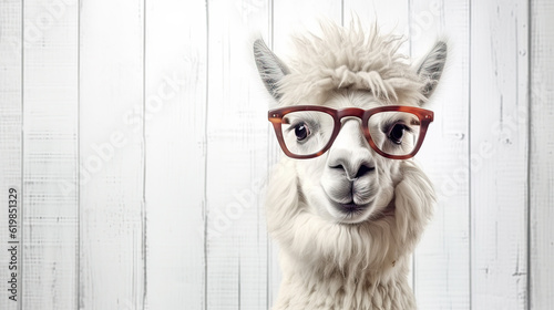 Portrait of cute lama alpaca in trendy transparent glasses  on the wooden rustic white background with copy space photo