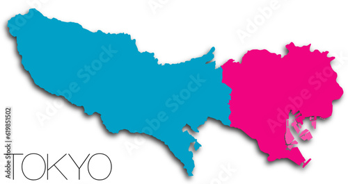 東京都の地図 23区 多摩地域 地域分け 影付き TOKIO map