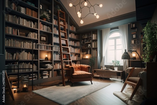 Home Library: Create a set of images that showcase a grand, sophisticated home library. Generative AI