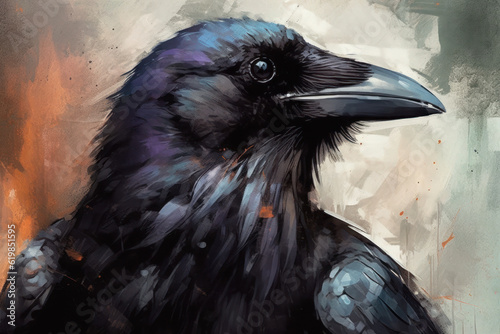 Painting of a black raven against blurred background.