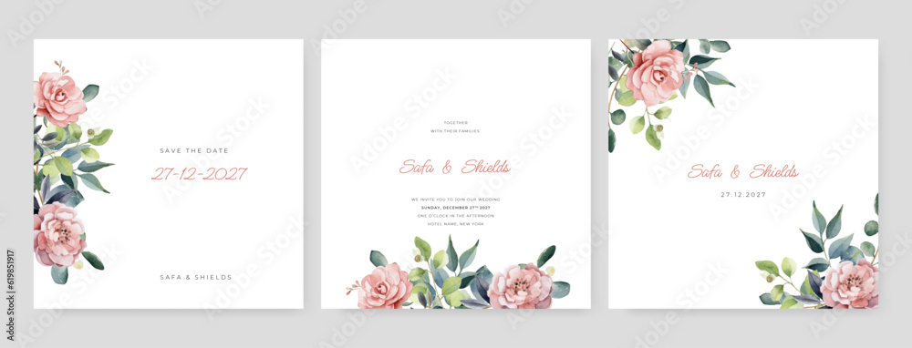 Floral wedding invitation template set with watercolor roses and leaves decoration. Botanic card design concept