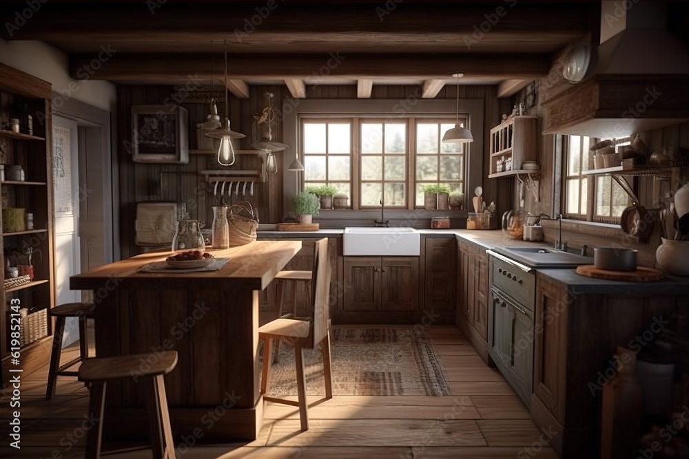 Modern interior design of kitchen with island in farmhouse. Created with generative AI