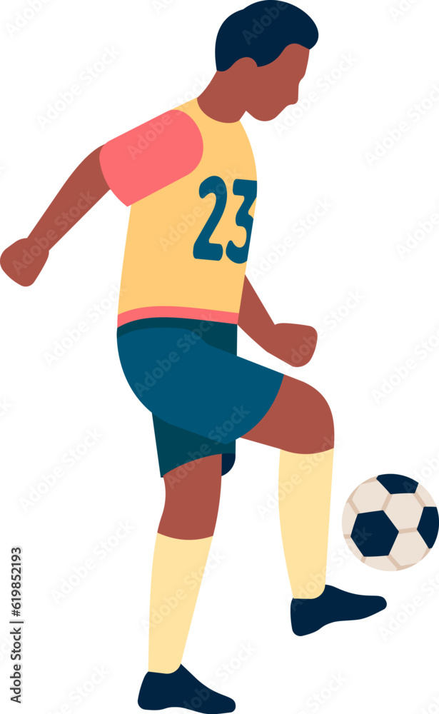 Soccer player in kit hitting ball with foot in air