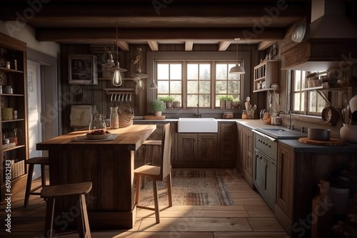 Modern interior design of kitchen with island in farmhouse. Created with generative AI