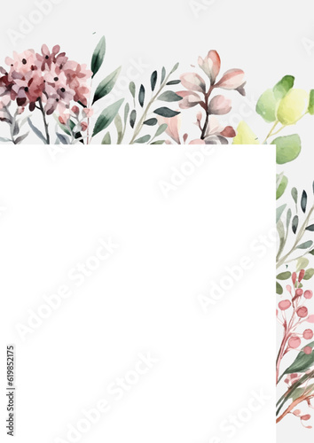 Wedding invitation in the botanical style. Colorful flowers on a white background. Background for the invitation, shop, beauty salon, spa.