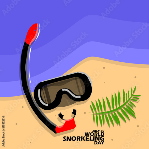 Snorkeling Diving equipment on the beach with twigs and bold text to commemorate World Snorkeling Day on July 30