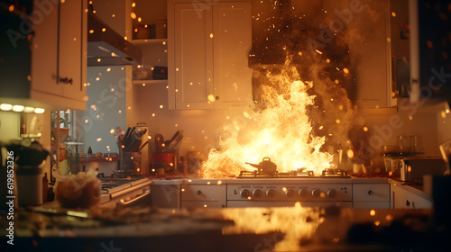 Fotografia キッチンで火災、住宅火災｜Fire in the kitchen, residential fire.Generative AI