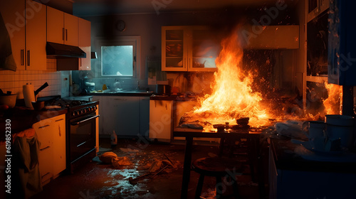キッチンで火災、住宅火災｜Fire in the kitchen, residential fire.Generative AI