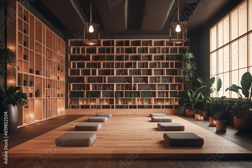 Clean and Calm Yoga Studio with Beautiful Nature View Interior Design AI generated