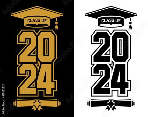 Lettering Class of 2023 for greeting, invitation card. Text for graduation design, congratulation event, T-shirt, party, high school or college graduate. Illustration, vector on transparent and black 